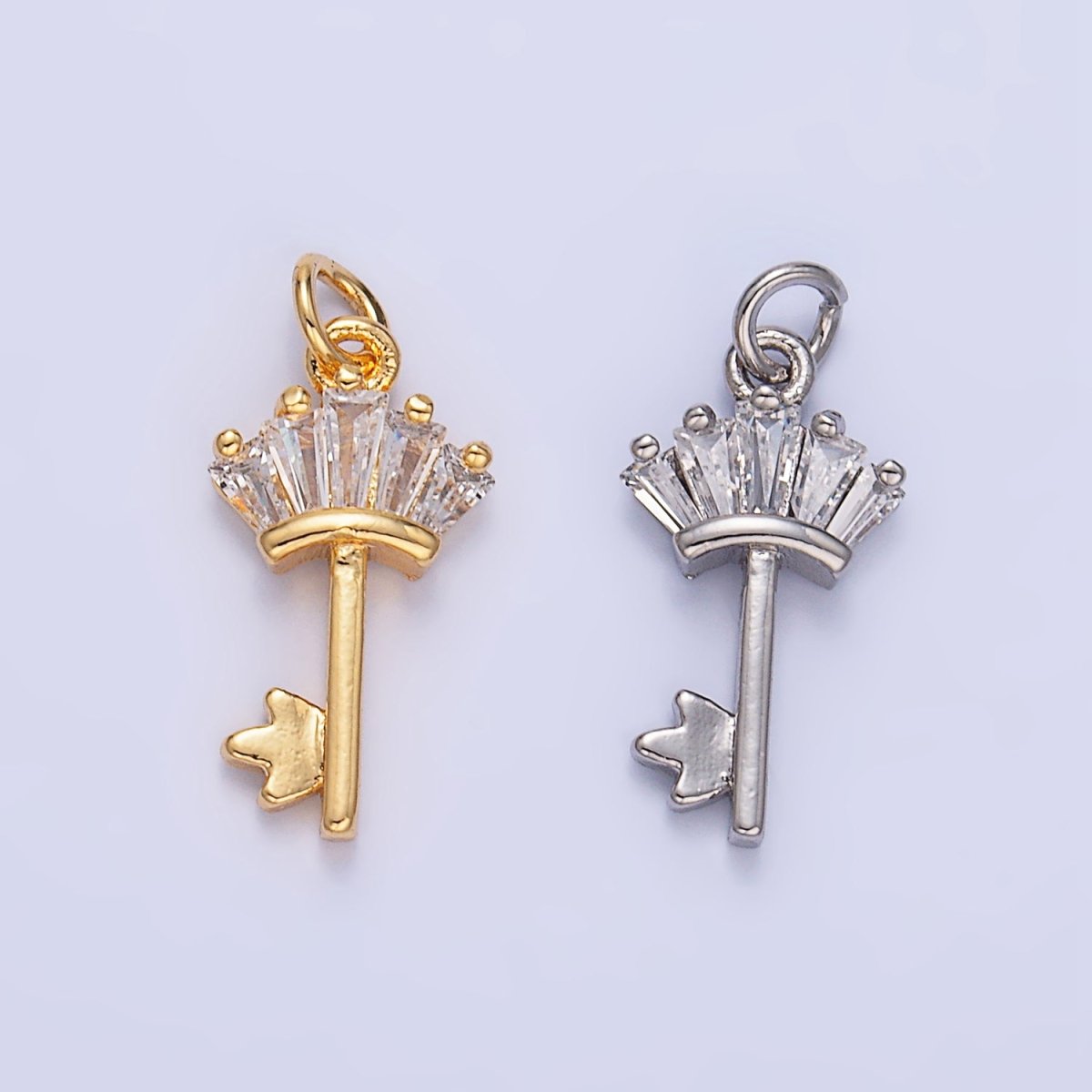 24K Gold plated Baguette CZ Key Charm in Gold & Silver | W107
