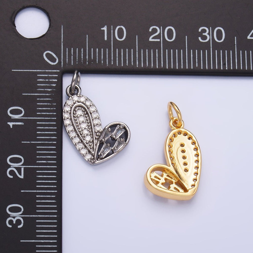 24K Gold plated Baguette Micro Paved CZ Heart Charm in Gold & Silver | W803 