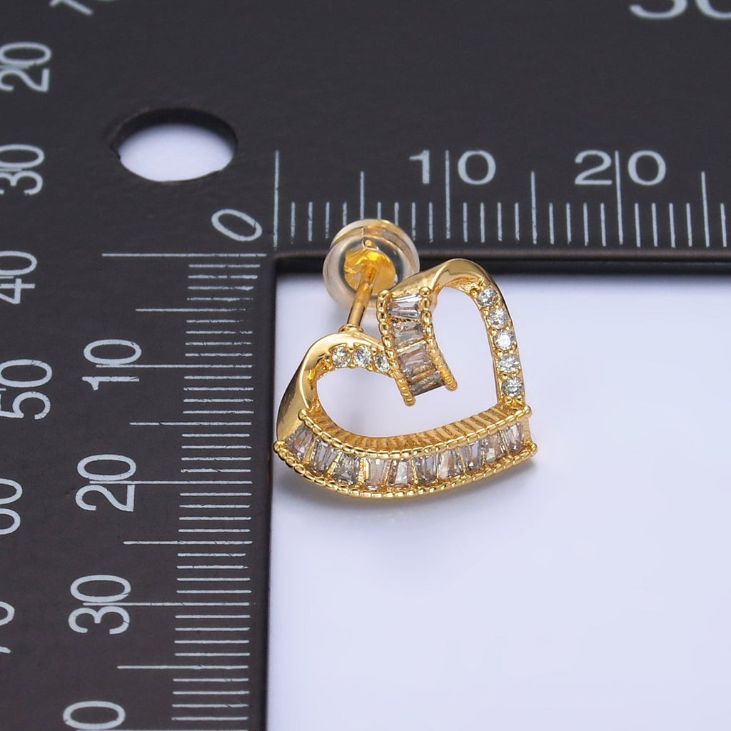 24K Gold plated Baguette Micro Paved CZ Heart Stud Earrings Set | AB1021 