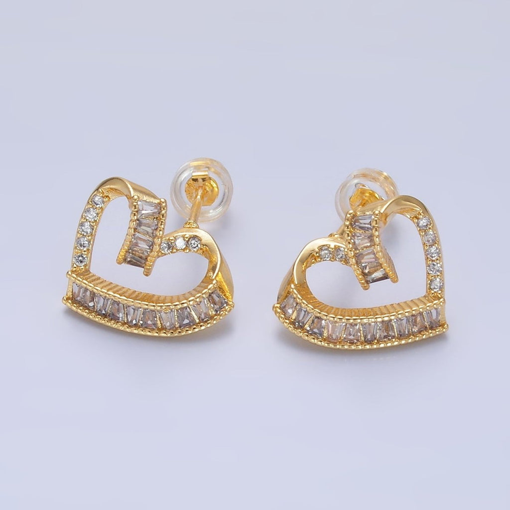 24K Gold plated Baguette Micro Paved CZ Heart Stud Earrings Set | AB1021 