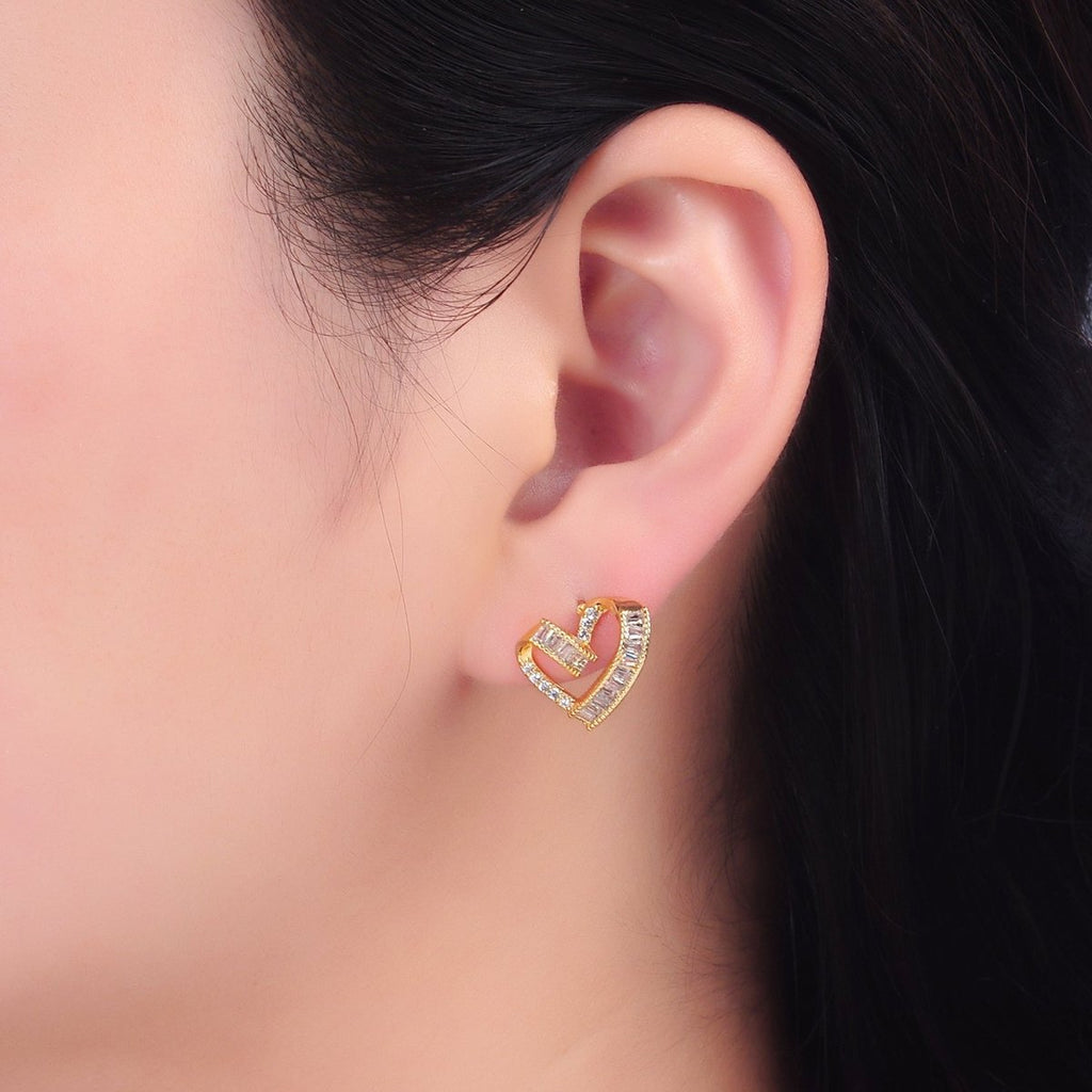 24K Gold plated Baguette Micro Paved CZ Heart Stud Earrings Set | AB1021 