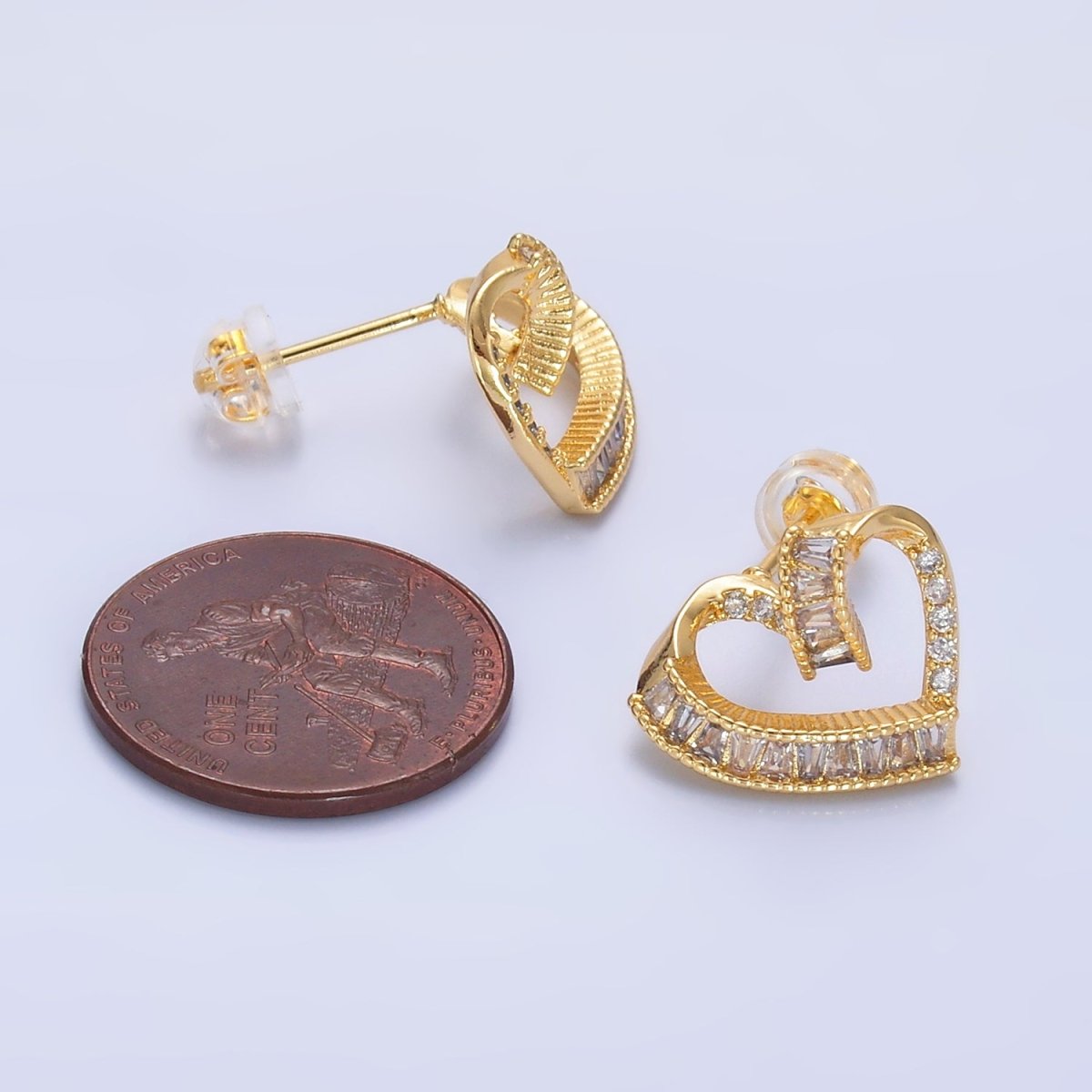 24K Gold plated Baguette Micro Paved CZ Heart Stud Earrings Set | AB1021 