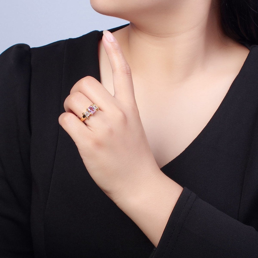 24K Gold plated Baguette Square Cubic Zirconia CZ Promise Ring O-2272 O-2273 O-2274 O-2275