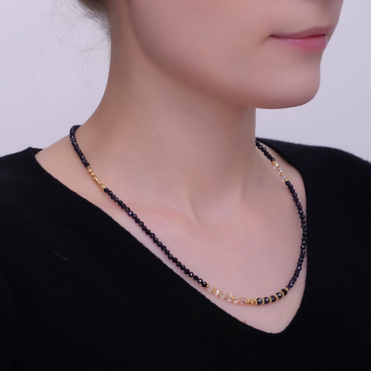 24K Gold plated Bead Glitter Onyx Multifaceted Crystal Gemstone 18 Inch Necklace | WA - 2876 