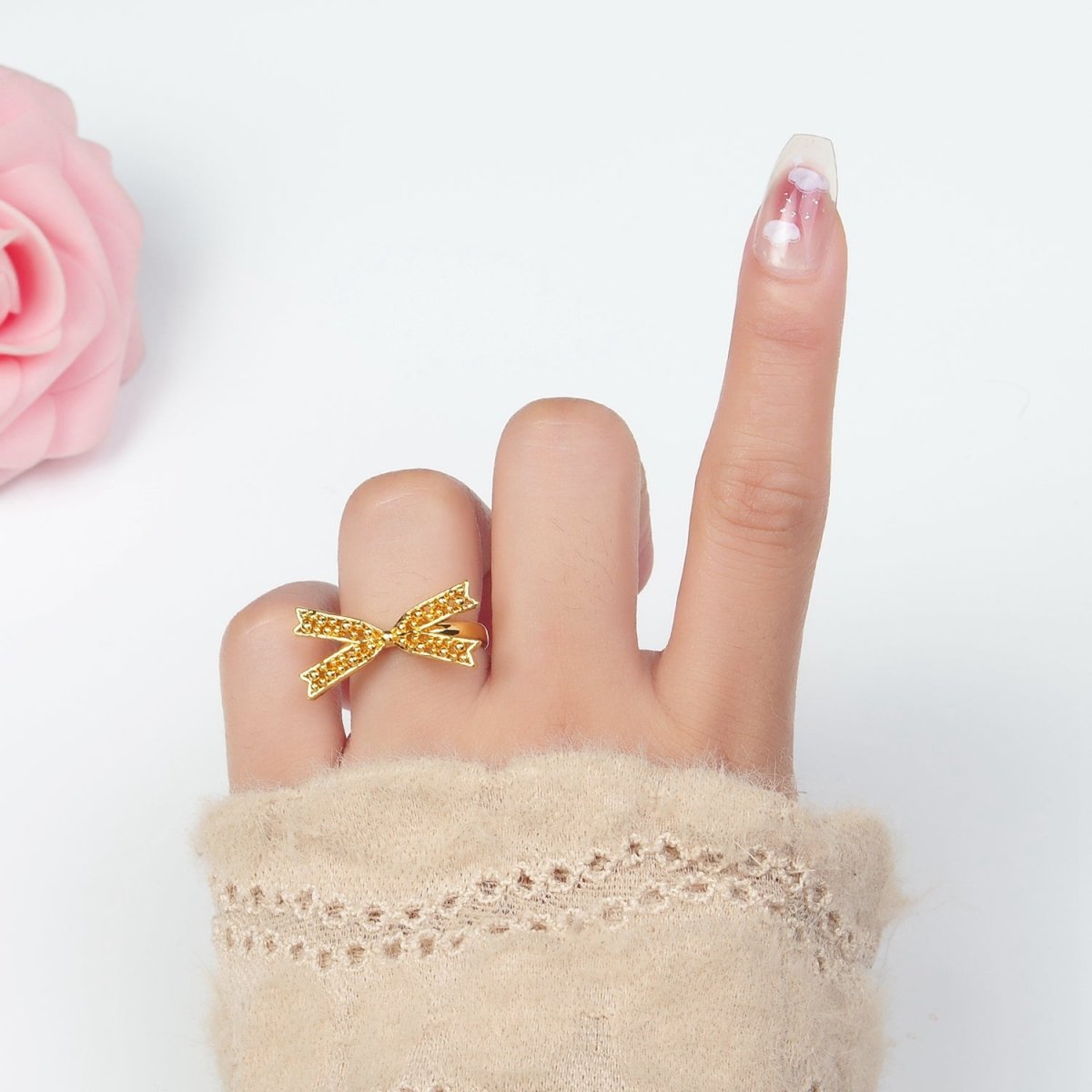 24K Gold plated Beaded Bubble Ribbon Bow Ring | O1392 - DLUXCA