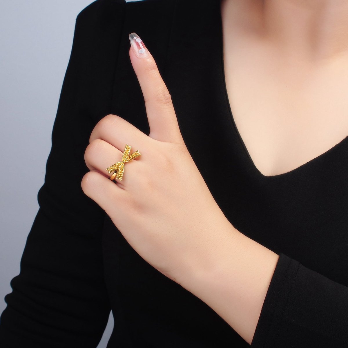 24K Gold plated Beaded Bubble Ribbon Bow Ring | O1392 - DLUXCA