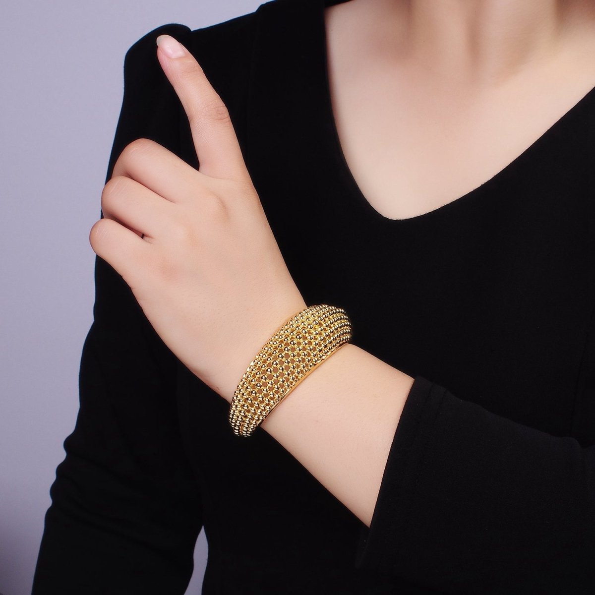 24K Gold plated Beaded Bubble Wide Open Band Cuff Bracelet | WA - 2529 - DLUXCA