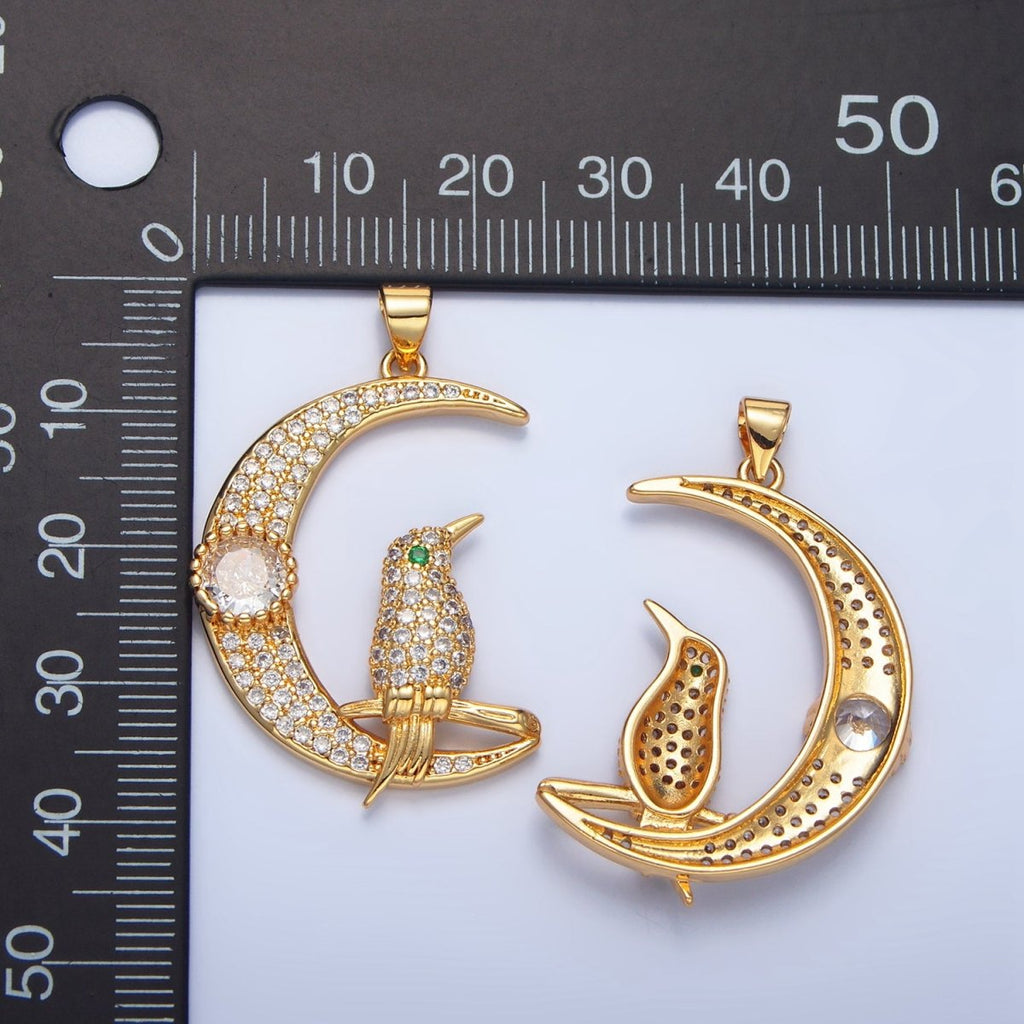 24K Gold plated Bird Celestial Crescent Moon Micro Paved CZ Pendant | AA786 - DLUXCA