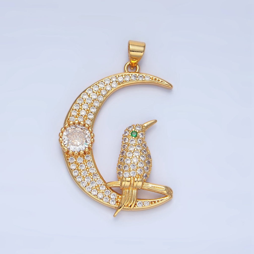 24K Gold plated Bird Celestial Crescent Moon Micro Paved CZ Pendant | AA786 - DLUXCA