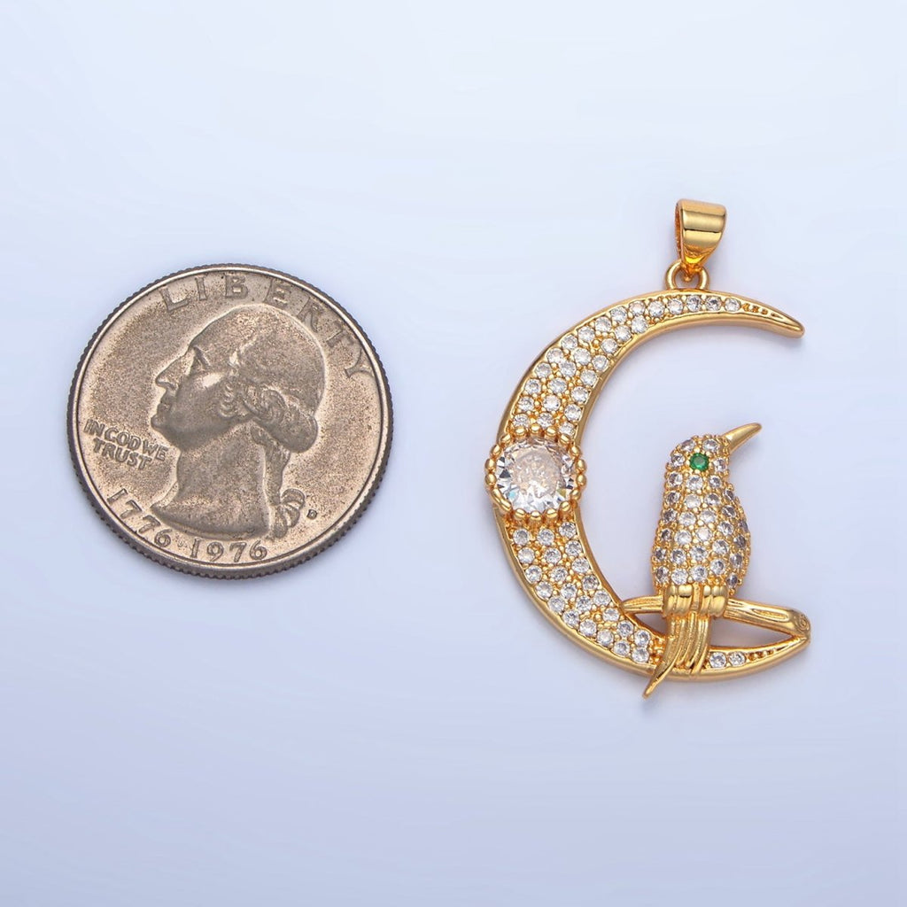 24K Gold plated Bird Celestial Crescent Moon Micro Paved CZ Pendant | AA786 - DLUXCA