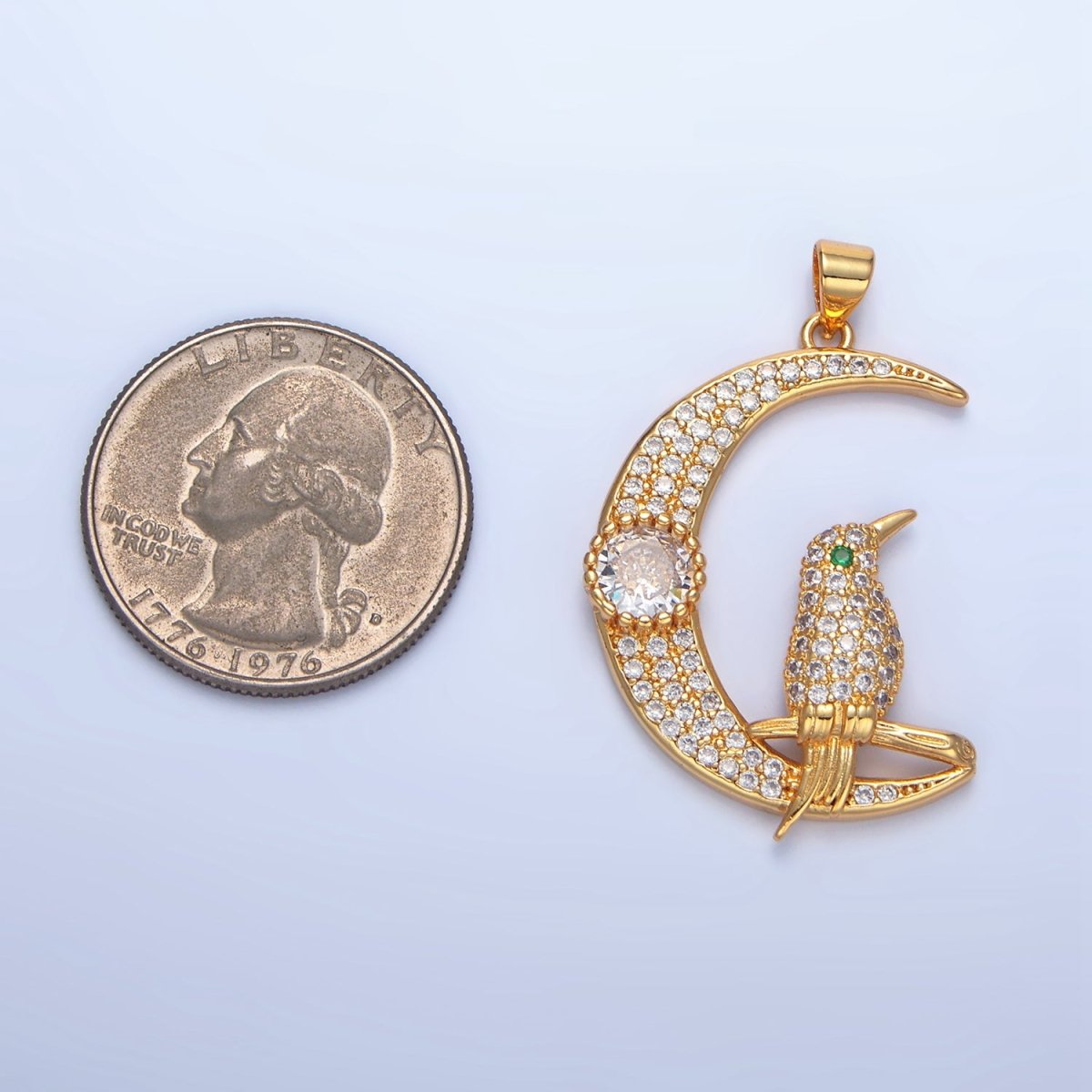 24K Gold plated Bird Celestial Crescent Moon Micro Paved CZ Pendant | AA786 - DLUXCA