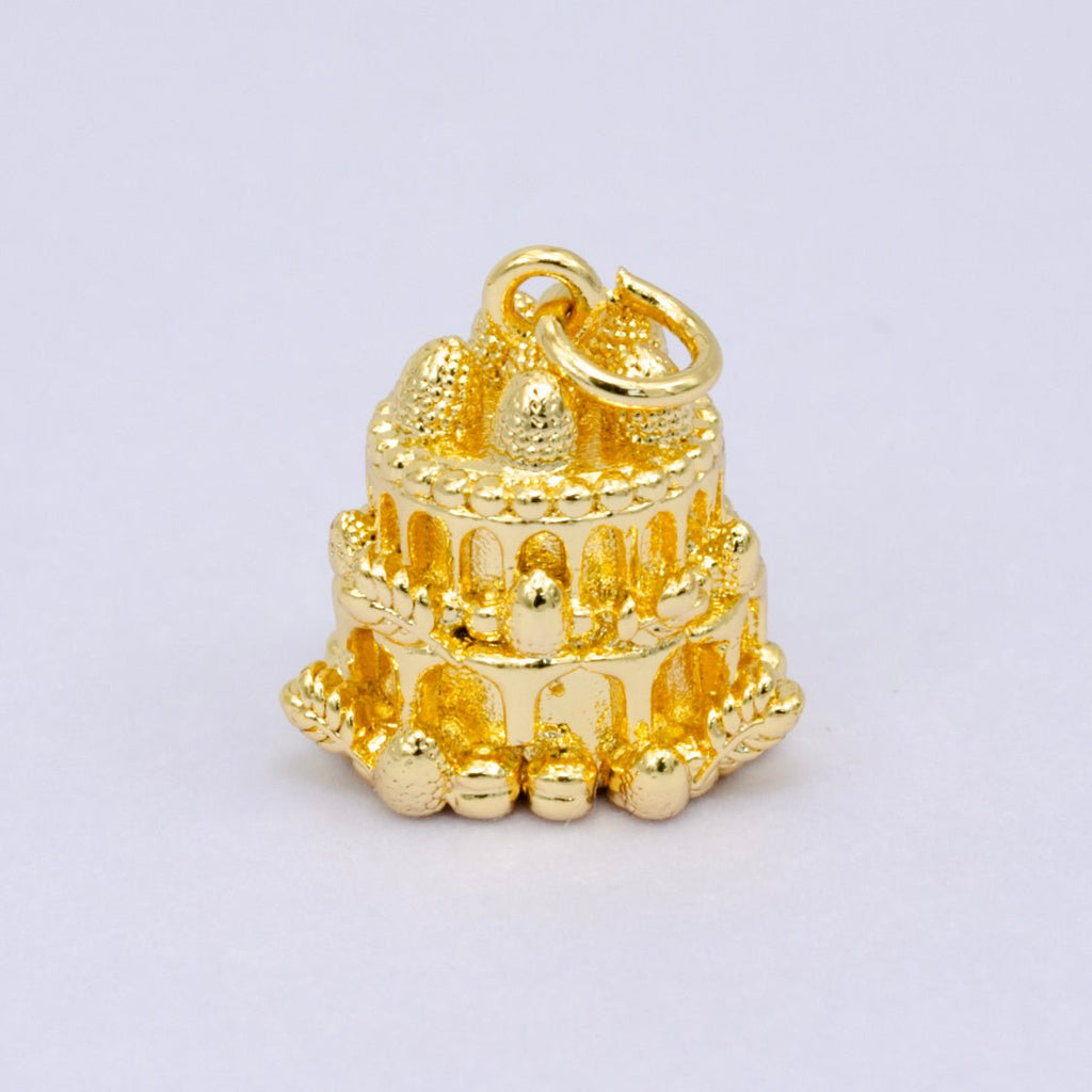24K Gold plated Birthday Cake Multidimensional 3D Charm in Gold & Silver | W412 