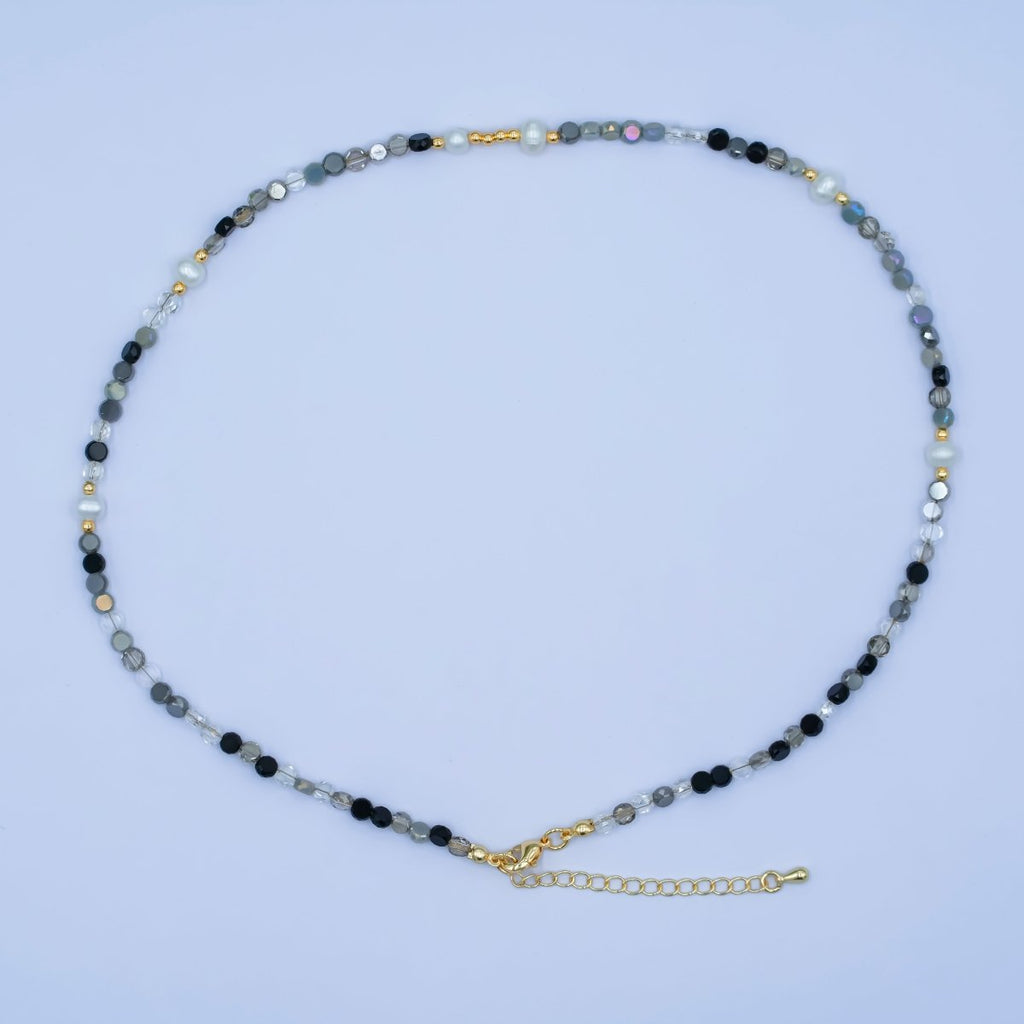 24K Gold plated Black - and - White Flat Gemstone 17.5 Inch Necklace | WA - 2971 - DLUXCA
