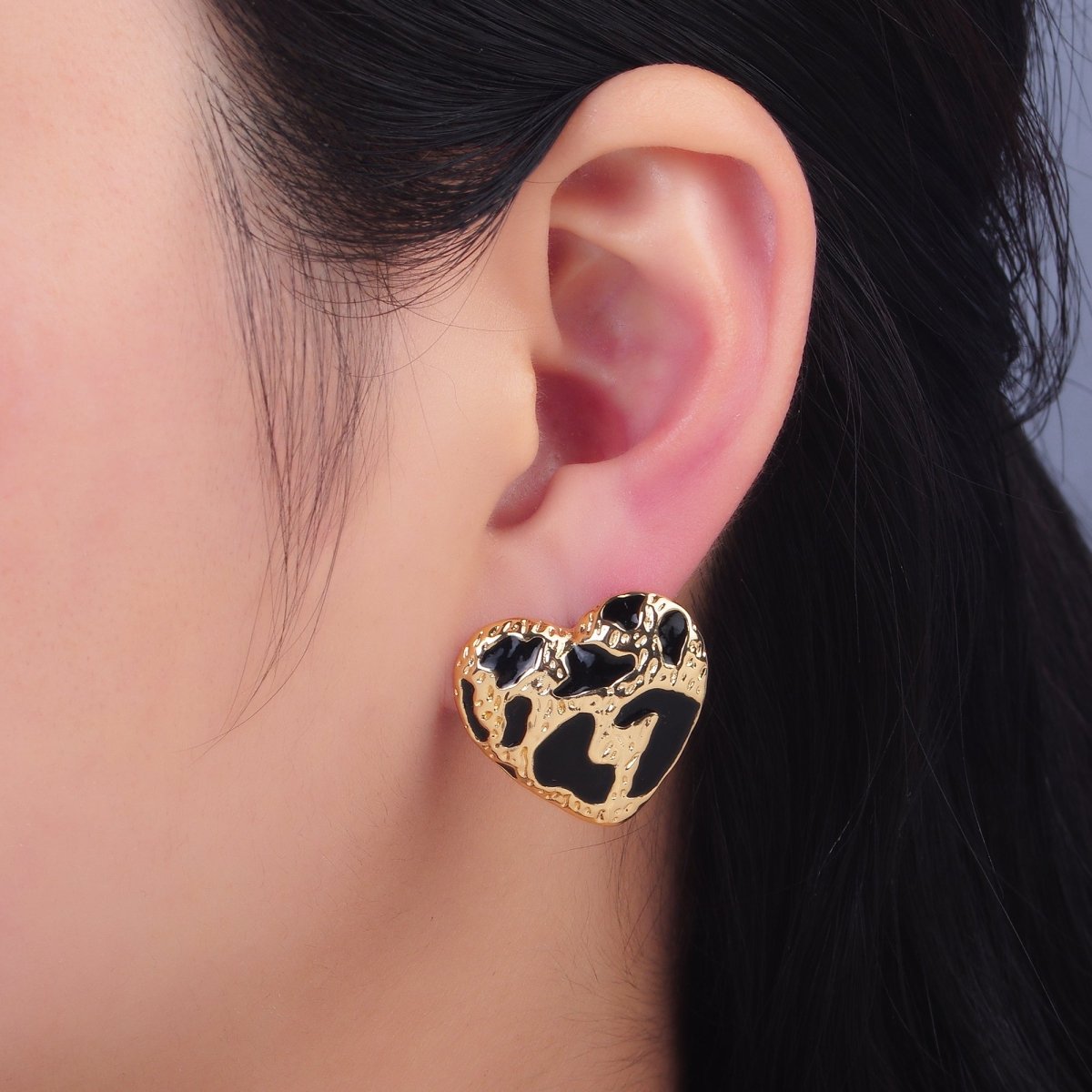 24K Gold plated Black Enamel Cheetah Textured Heart Stud Earrings in Gold & Silver | AB1496 AB1549 