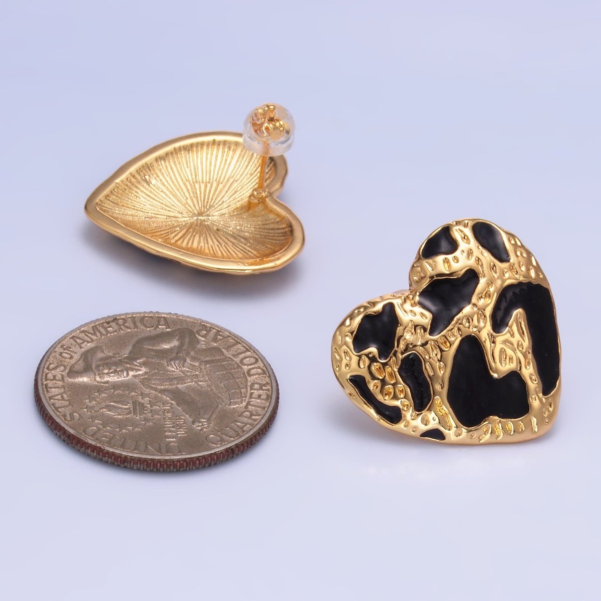 24K Gold plated Black Enamel Cheetah Textured Heart Stud Earrings in Gold & Silver | AB1496 AB1549 