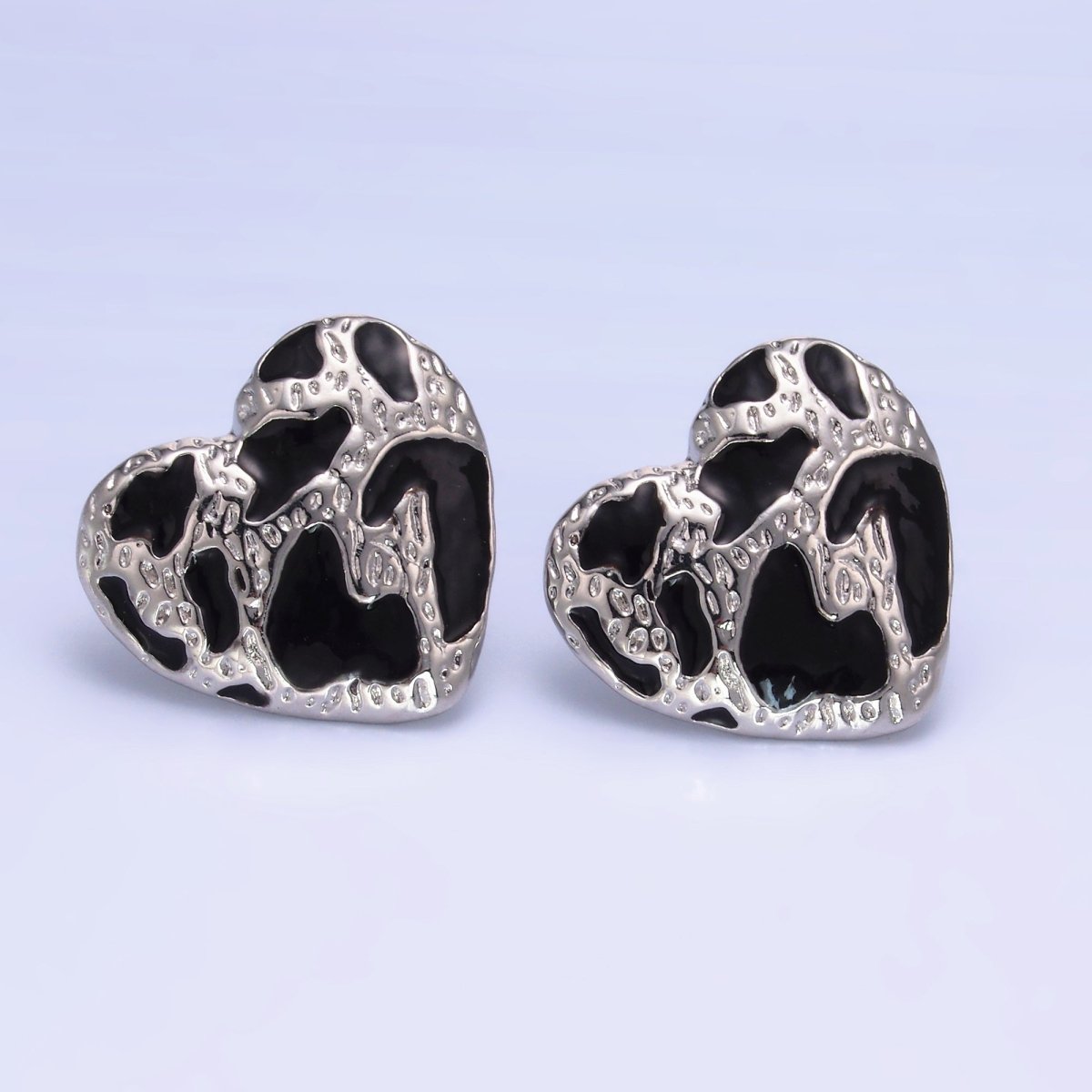 24K Gold plated Black Enamel Cheetah Textured Heart Stud Earrings in Gold & Silver | AB1496 AB1549 