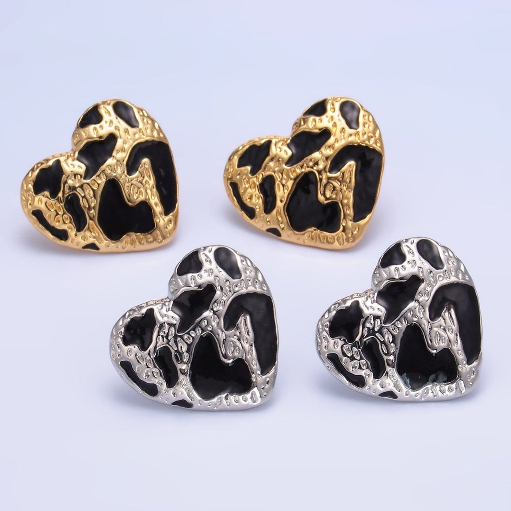 24K Gold plated Black Enamel Cheetah Textured Heart Stud Earrings in Gold & Silver | AB1496 AB1549 