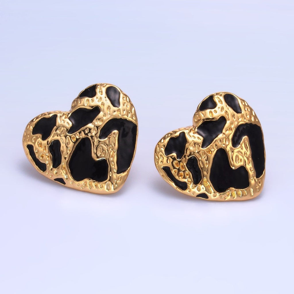 24K Gold plated Black Enamel Cheetah Textured Heart Stud Earrings in Gold & Silver | AB1496 AB1549 