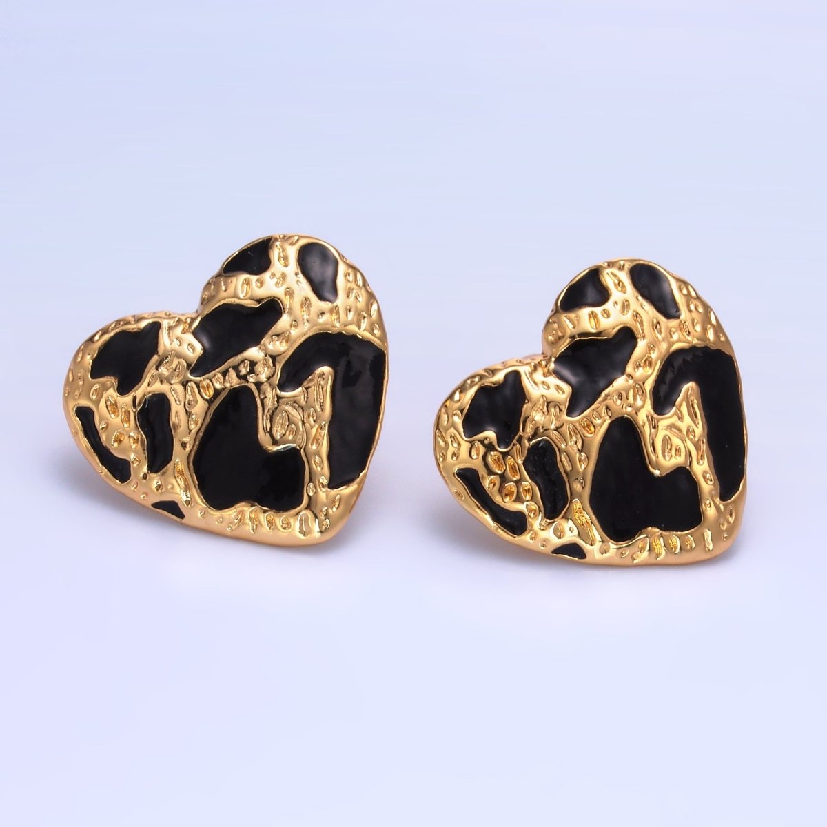 24K Gold plated Black Enamel Cheetah Textured Heart Stud Earrings in Gold & Silver | AB1496 AB1549 