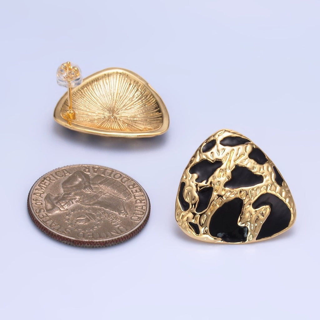 24K Gold plated Black Enamel Cheetah Textured Triangle Stud Earrings in Gold & Silver | AB1420 AB1419 - DLUXCA