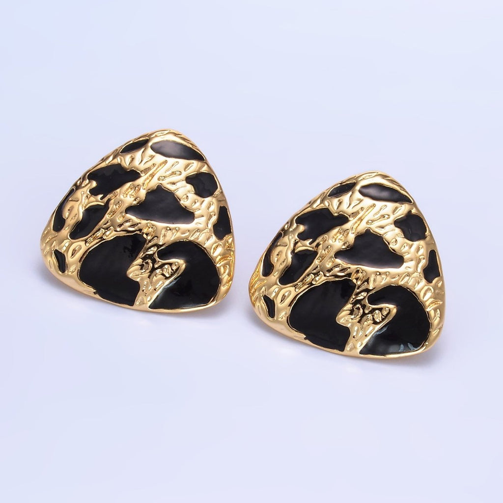 24K Gold plated Black Enamel Cheetah Textured Triangle Stud Earrings in Gold & Silver | AB1420 AB1419 - DLUXCA