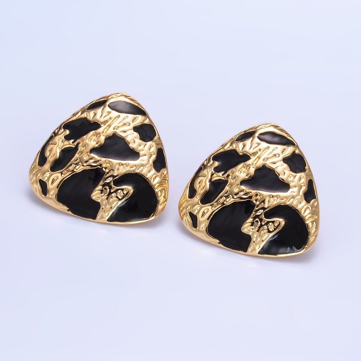 24K Gold plated Black Enamel Cheetah Textured Triangle Stud Earrings in Gold & Silver | AB1420 AB1419 - DLUXCA
