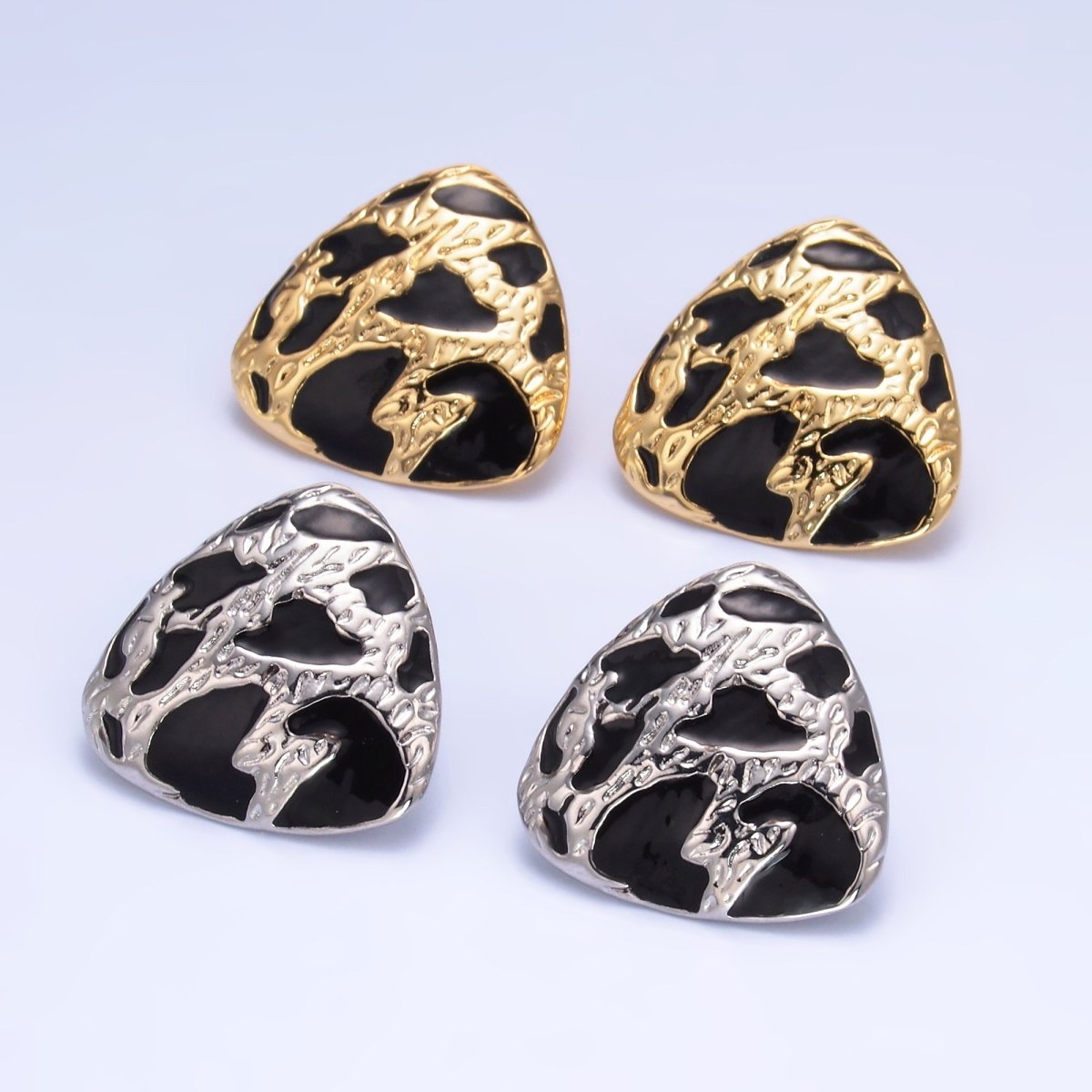 24K Gold plated Black Enamel Cheetah Textured Triangle Stud Earrings in Gold & Silver | AB1420 AB1419 - DLUXCA