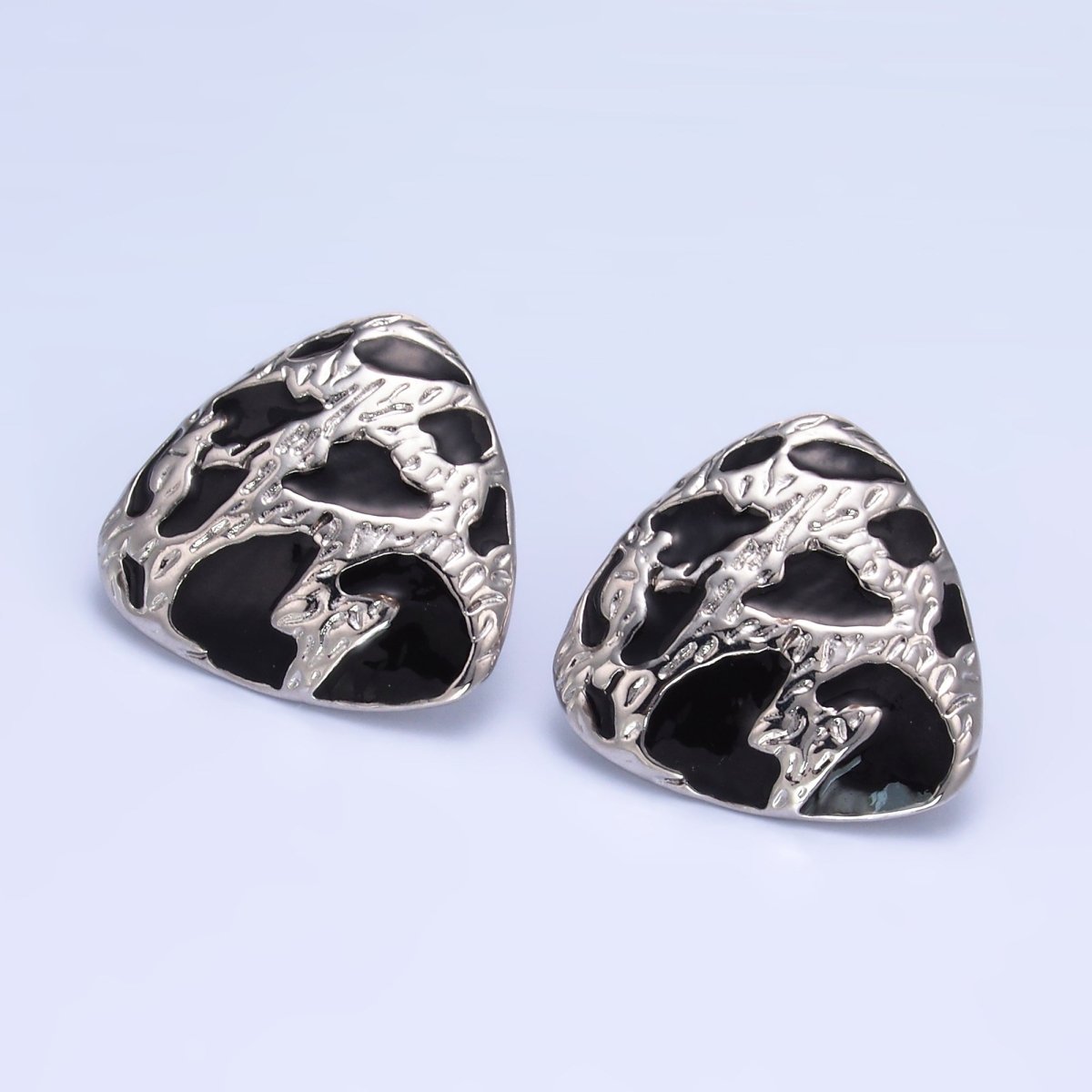 24K Gold plated Black Enamel Cheetah Textured Triangle Stud Earrings in Gold & Silver | AB1420 AB1419 - DLUXCA