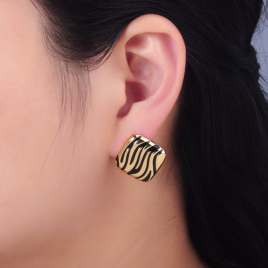 24K Gold plated Black Enamel Rhombus Stud Earrings | AB924 