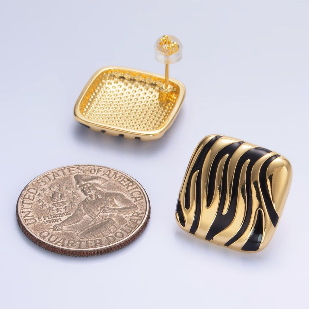 24K Gold plated Black Enamel Rhombus Stud Earrings | AB924 