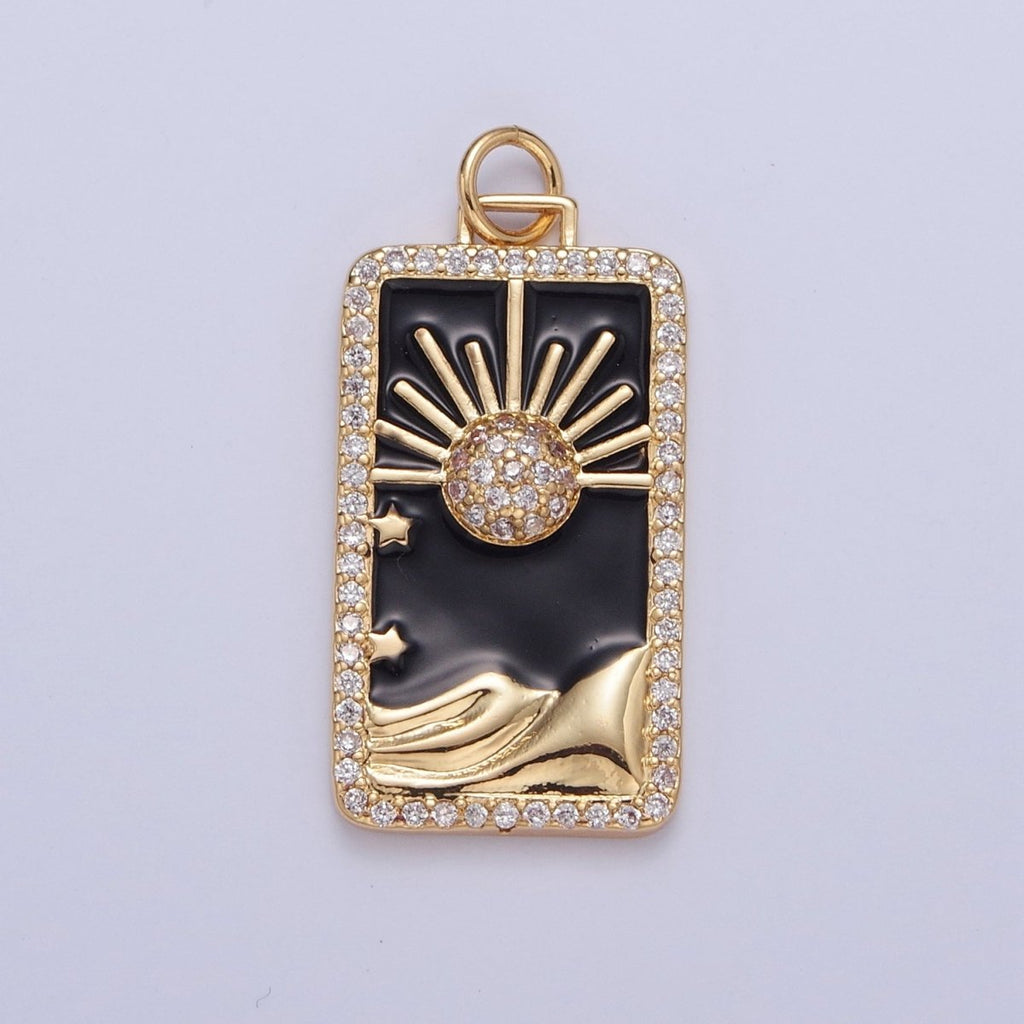24K Gold plated Black Enamel Tarot Card Charm, Micro Pave Celestial Eclipse Mountain Tag Charm Pendant | X-807 - DLUXCA