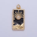 24K Gold plated Black Enamel Tarot Card Charm, Micro Pave Celestial Eclipse Mountain Tag Charm Pendant | X-807 - DLUXCA
