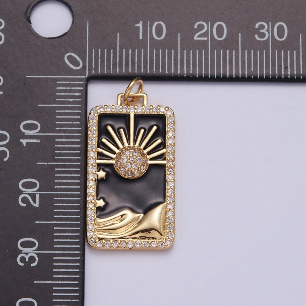 24K Gold plated Black Enamel Tarot Card Charm, Micro Pave Celestial Eclipse Mountain Tag Charm Pendant | X-807 - DLUXCA
