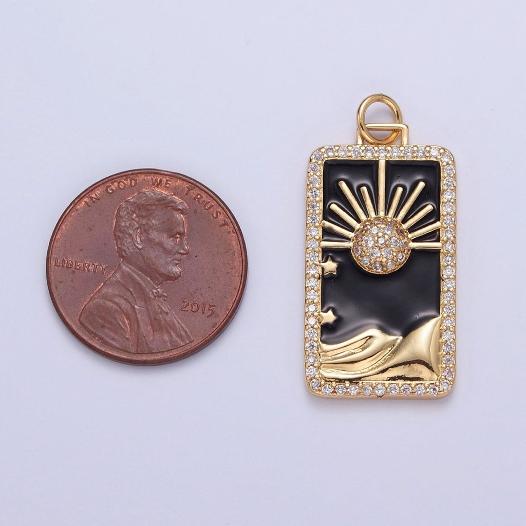24K Gold plated Black Enamel Tarot Card Charm, Micro Pave Celestial Eclipse Mountain Tag Charm Pendant | X-807 - DLUXCA
