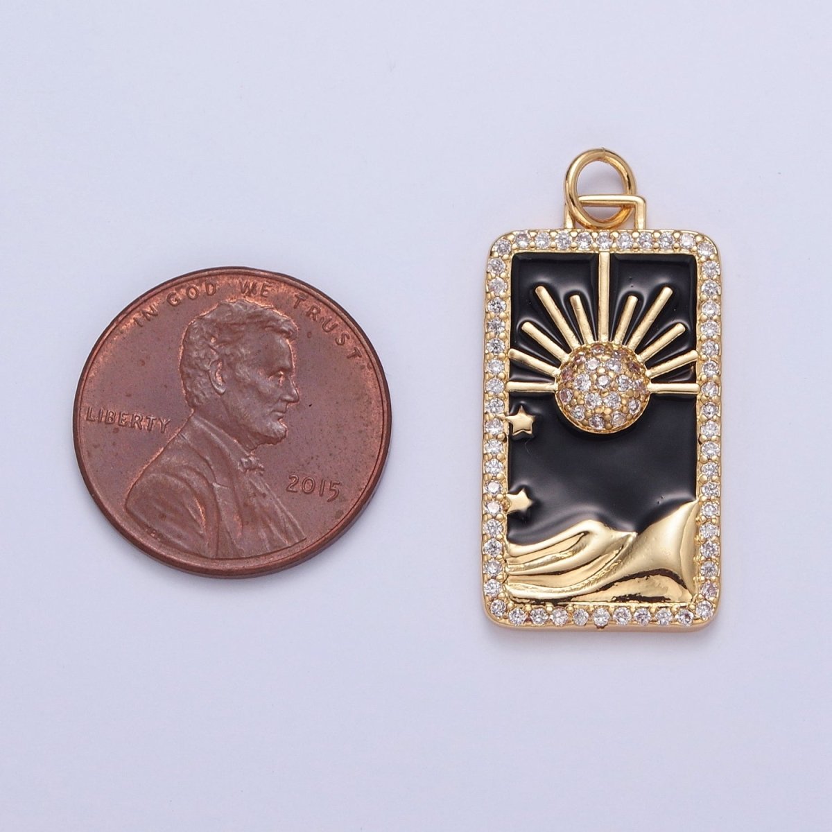 24K Gold plated Black Enamel Tarot Card Charm, Micro Pave Celestial Eclipse Mountain Tag Charm Pendant | X-807 - DLUXCA