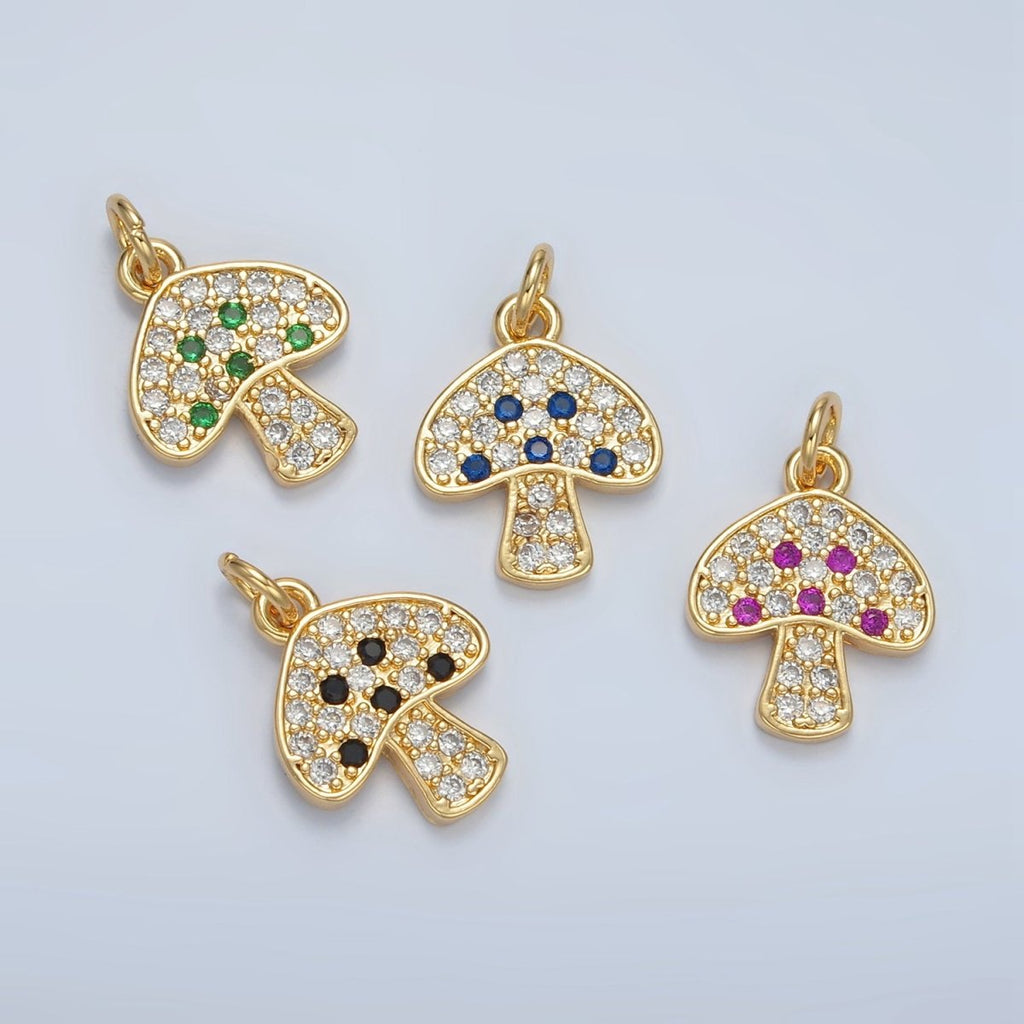 24K Gold plated Black, Fuchsia, Blue, Green Micro Paved CZ Mushroom Charm | AG852 AG853 - DLUXCA