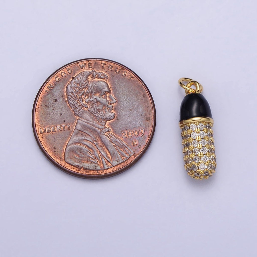 24K Gold plated Black, White Enamel Micro Paved CZ Pill Oblong Add-On Charm in Silver & Gold | AC402 - AC405
