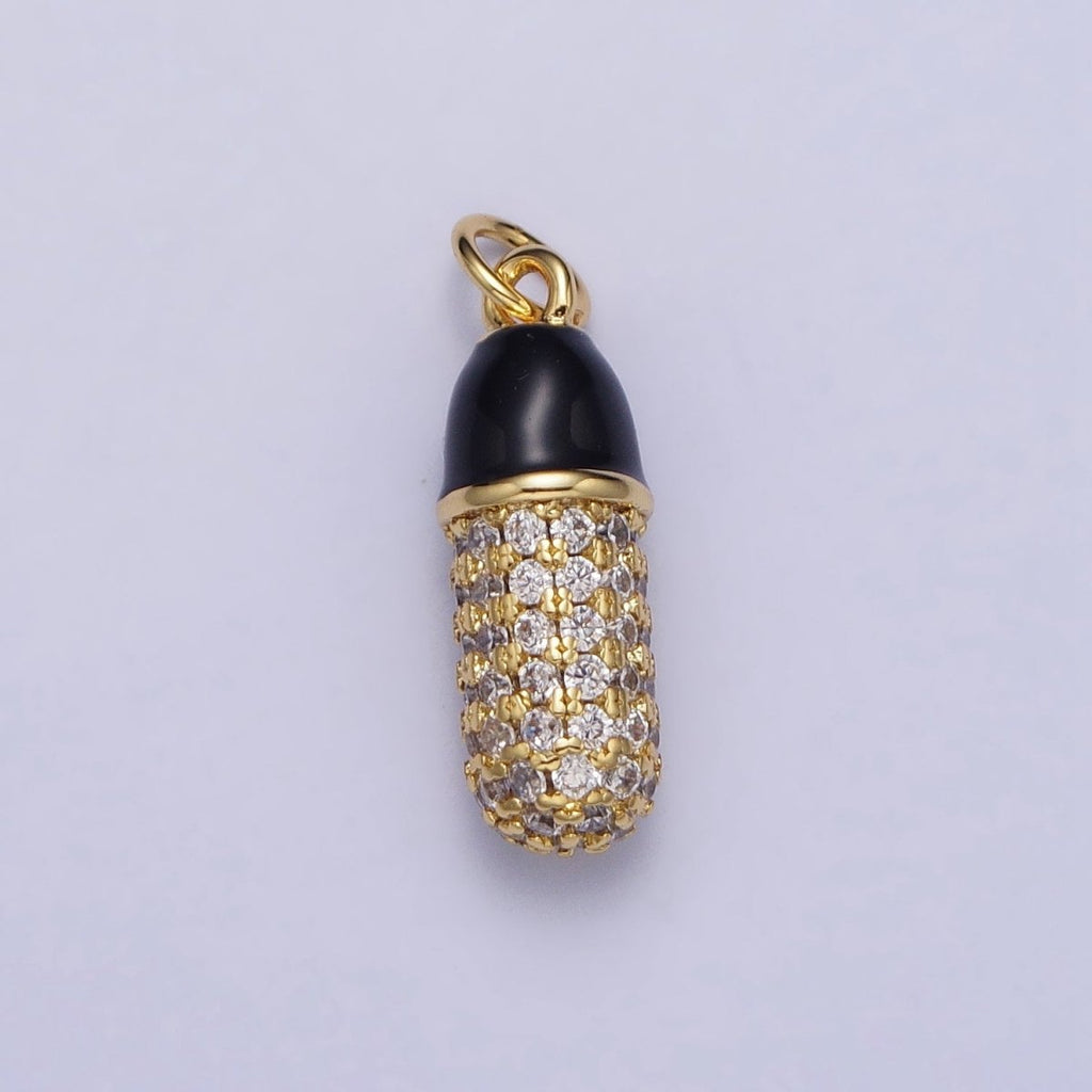24K Gold plated Black, White Enamel Micro Paved CZ Pill Oblong Add-On Charm in Silver & Gold | AC402 - AC405