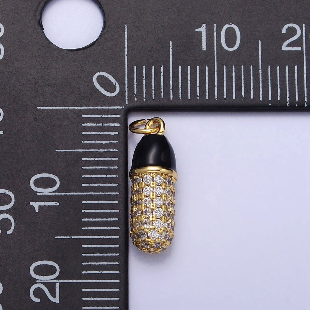 24K Gold plated Black, White Enamel Micro Paved CZ Pill Oblong Add-On Charm in Silver & Gold | AC402 - AC405