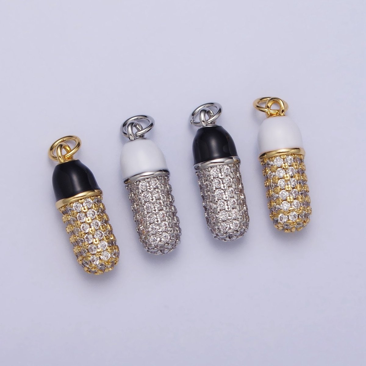 24K Gold plated Black, White Enamel Micro Paved CZ Pill Oblong Add-On Charm in Silver & Gold | AC402 - AC405