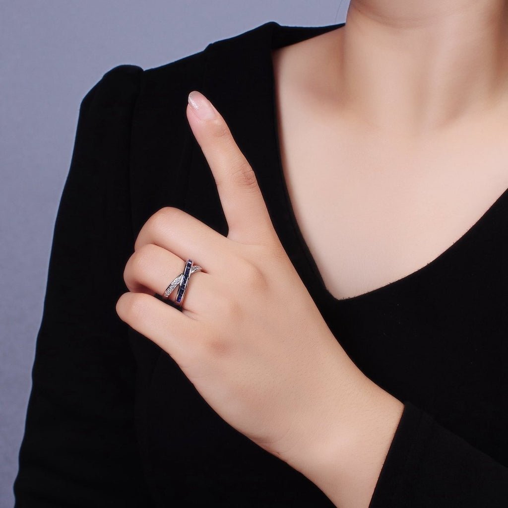 24K Gold plated Blue Baguette Lined Micro Paved CZ Cross X Double Band Ring in Gold & Silver | O-631 O-632 - DLUXCA