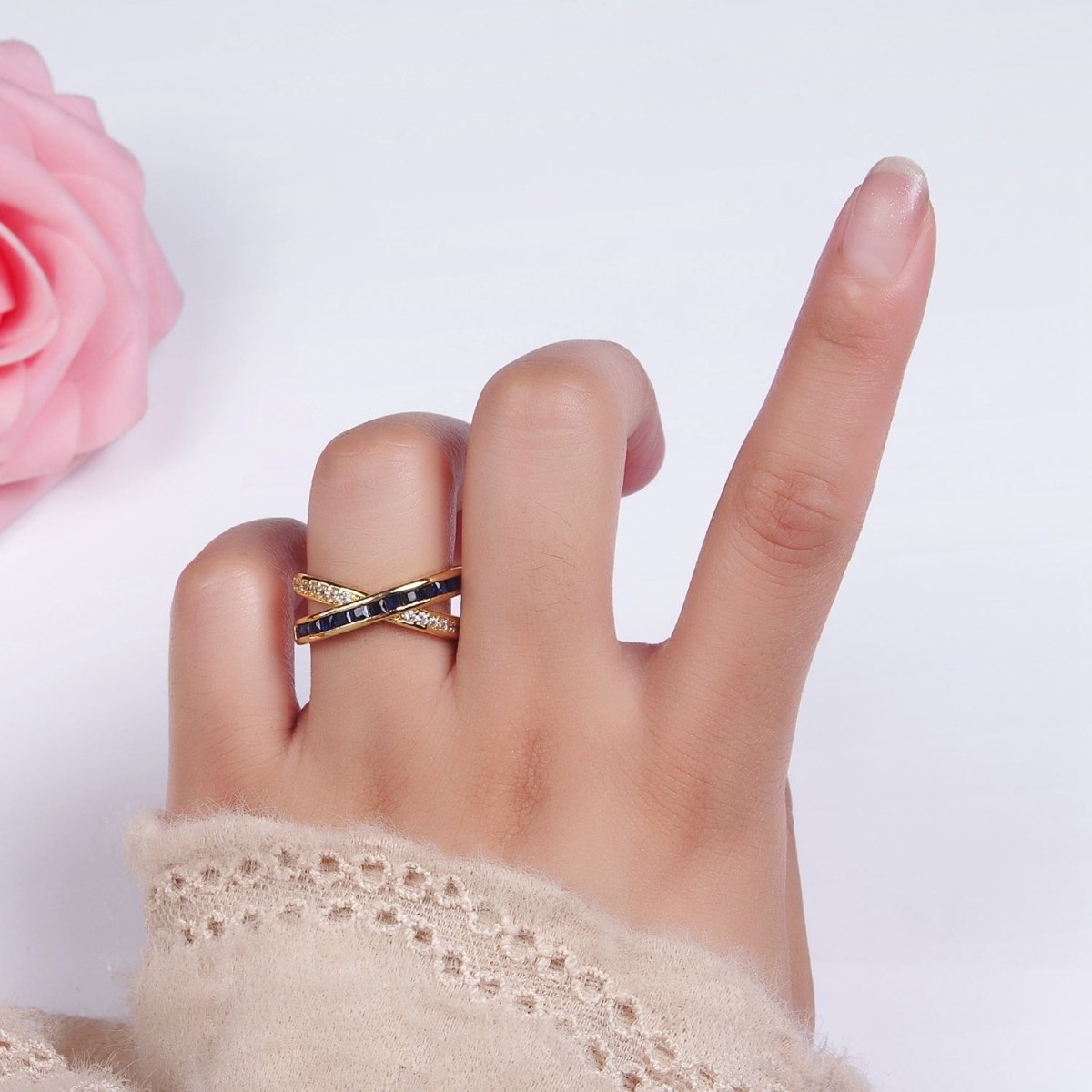 24K Gold plated Blue Baguette Lined Micro Paved CZ Cross X Double Band Ring in Gold & Silver | O-631 O-632 - DLUXCA