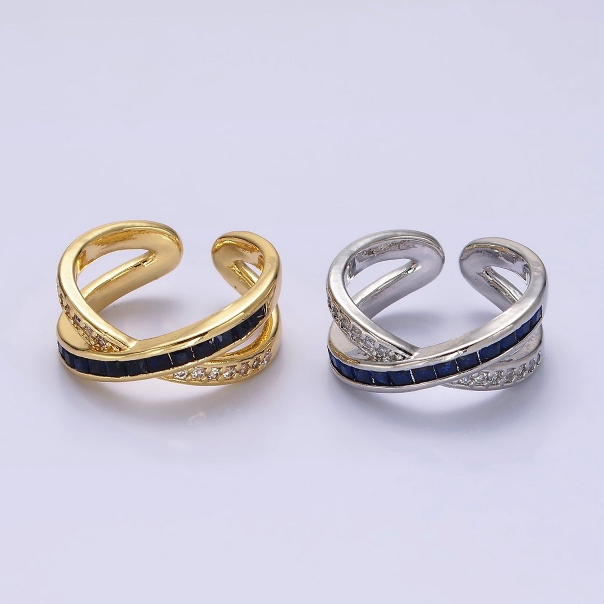 24K Gold plated Blue Baguette Lined Micro Paved CZ Cross X Double Band Ring in Gold & Silver | O-631 O-632 - DLUXCA