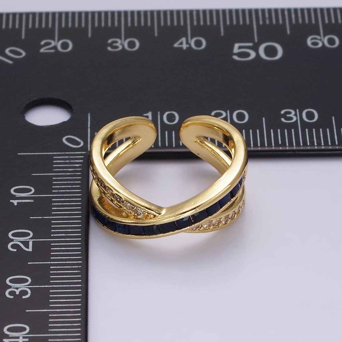 24K Gold plated Blue Baguette Lined Micro Paved CZ Cross X Double Band Ring in Gold & Silver | O-631 O-632 - DLUXCA