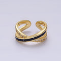 24K Gold plated Blue Baguette Lined Micro Paved CZ Cross X Double Band Ring in Gold & Silver | O-631 O-632 - DLUXCA