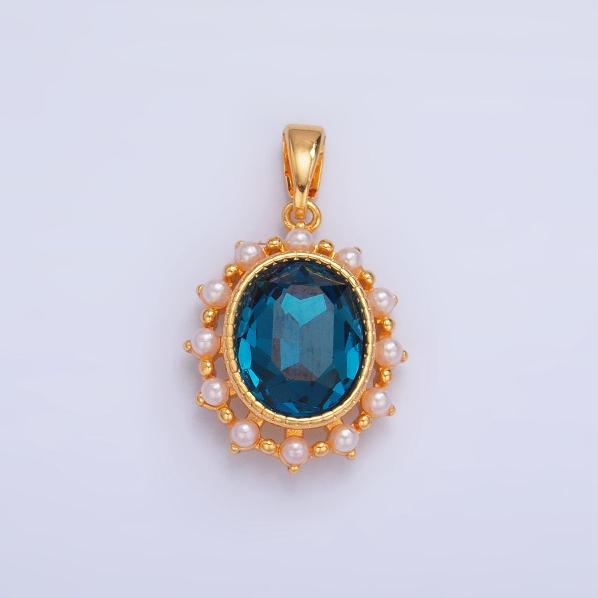 24K Gold plated Blue CZ Shell Pearl Bezel Oval Pendant | AA1014 - DLUXCA