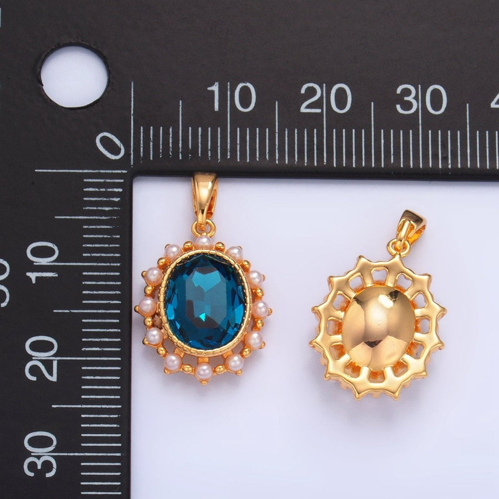 24K Gold plated Blue CZ Shell Pearl Bezel Oval Pendant | AA1014 - DLUXCA