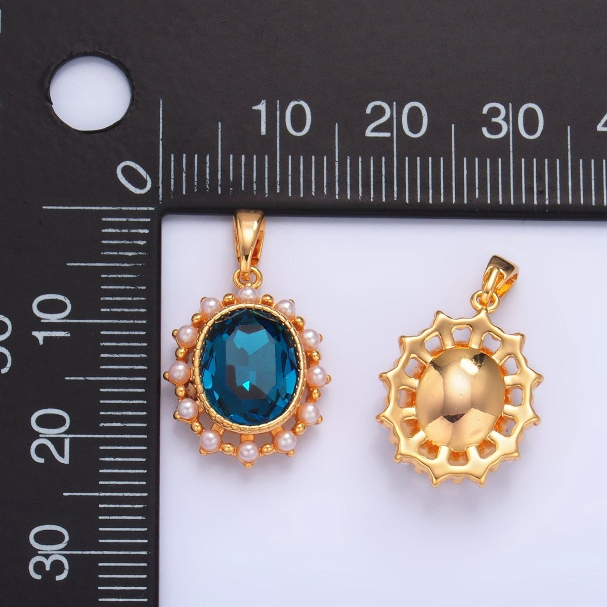 24K Gold plated Blue CZ Shell Pearl Bezel Oval Pendant | AA1014 - DLUXCA