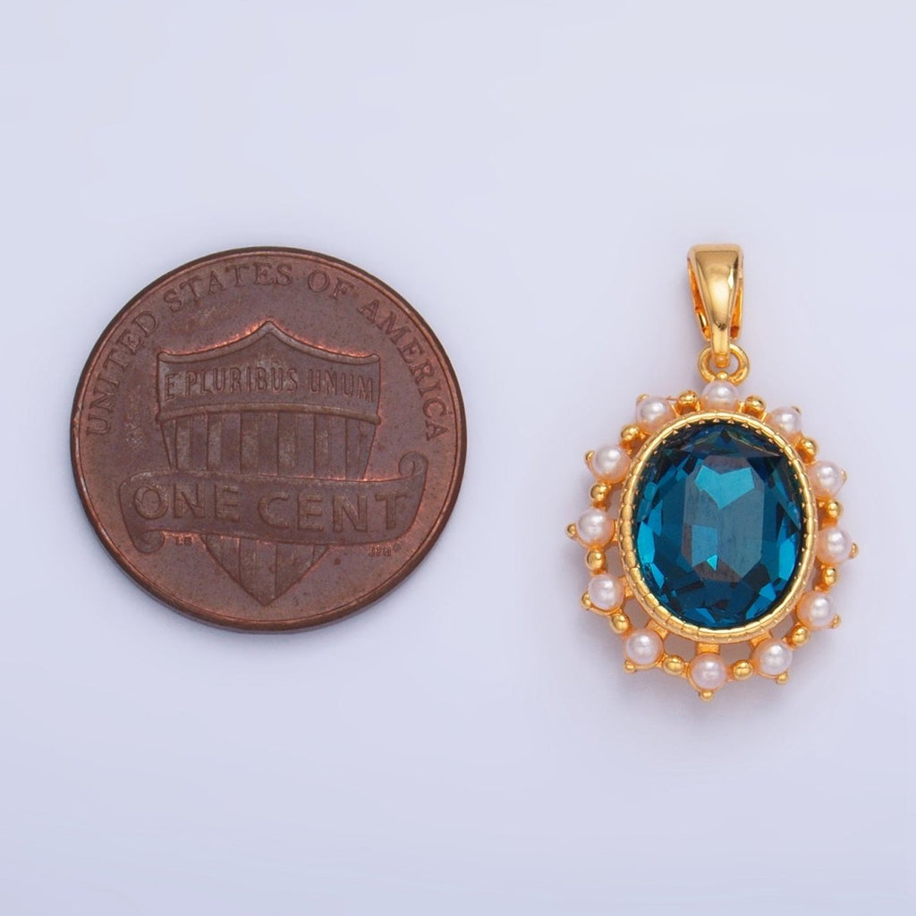24K Gold plated Blue CZ Shell Pearl Bezel Oval Pendant | AA1014 - DLUXCA