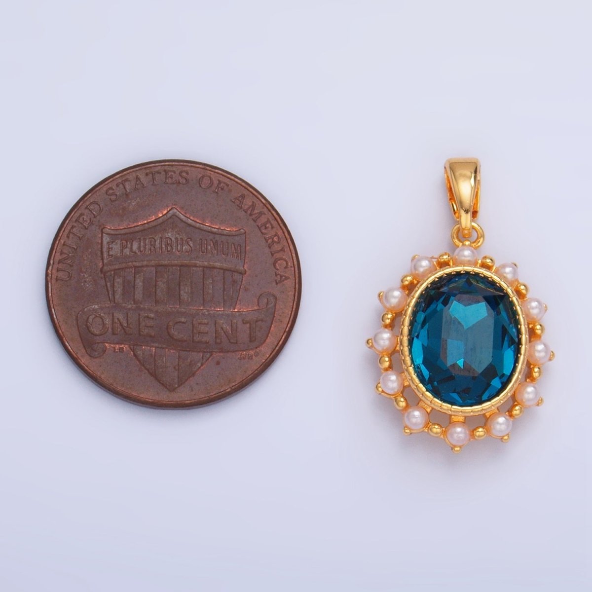 24K Gold plated Blue CZ Shell Pearl Bezel Oval Pendant | AA1014 - DLUXCA